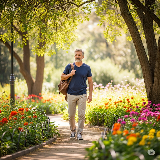 공원에서 걷기 운동하는 중년 남성
