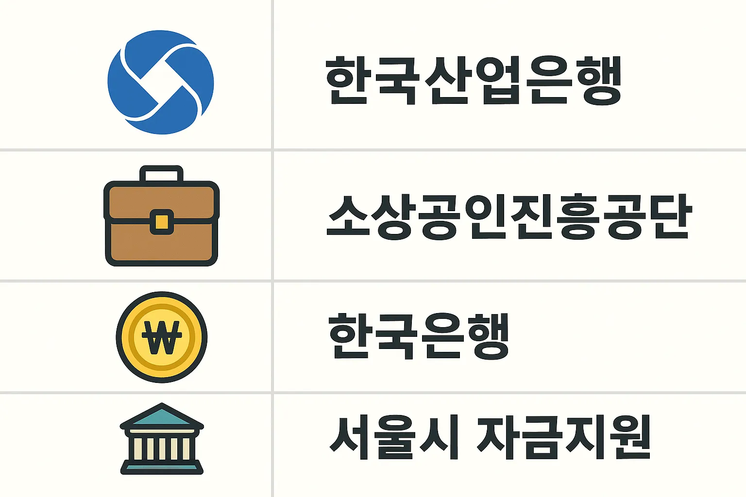 한국산업은행, 소상공인진흥공단, 한국은행, 서울시 자금지원 등 창업지원금 대출을 받을 수 있는 주요 은행 및 기관을 정리한 인포그래픽