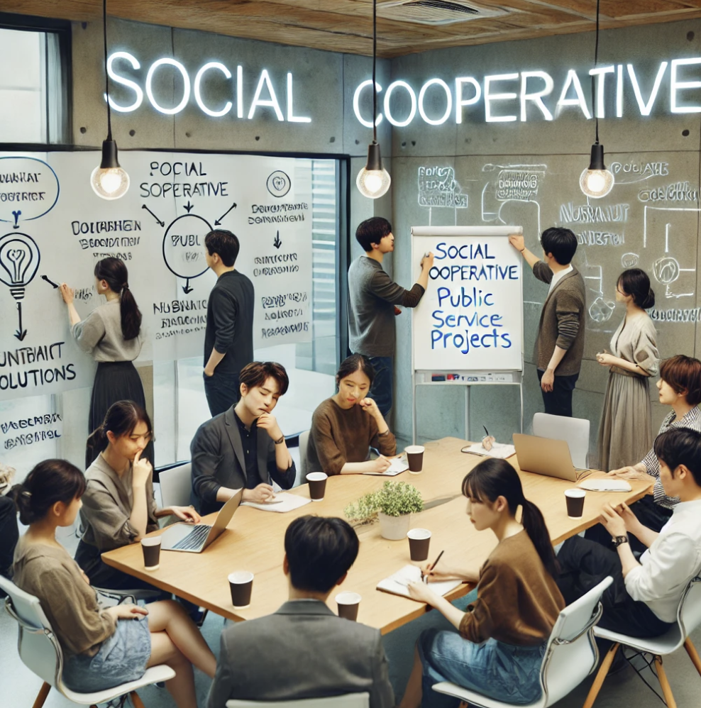 공익 프로젝트를 기획하는 사회적 협동조합 구성원들이 활발하게 아이디어를 공유하는 모습.