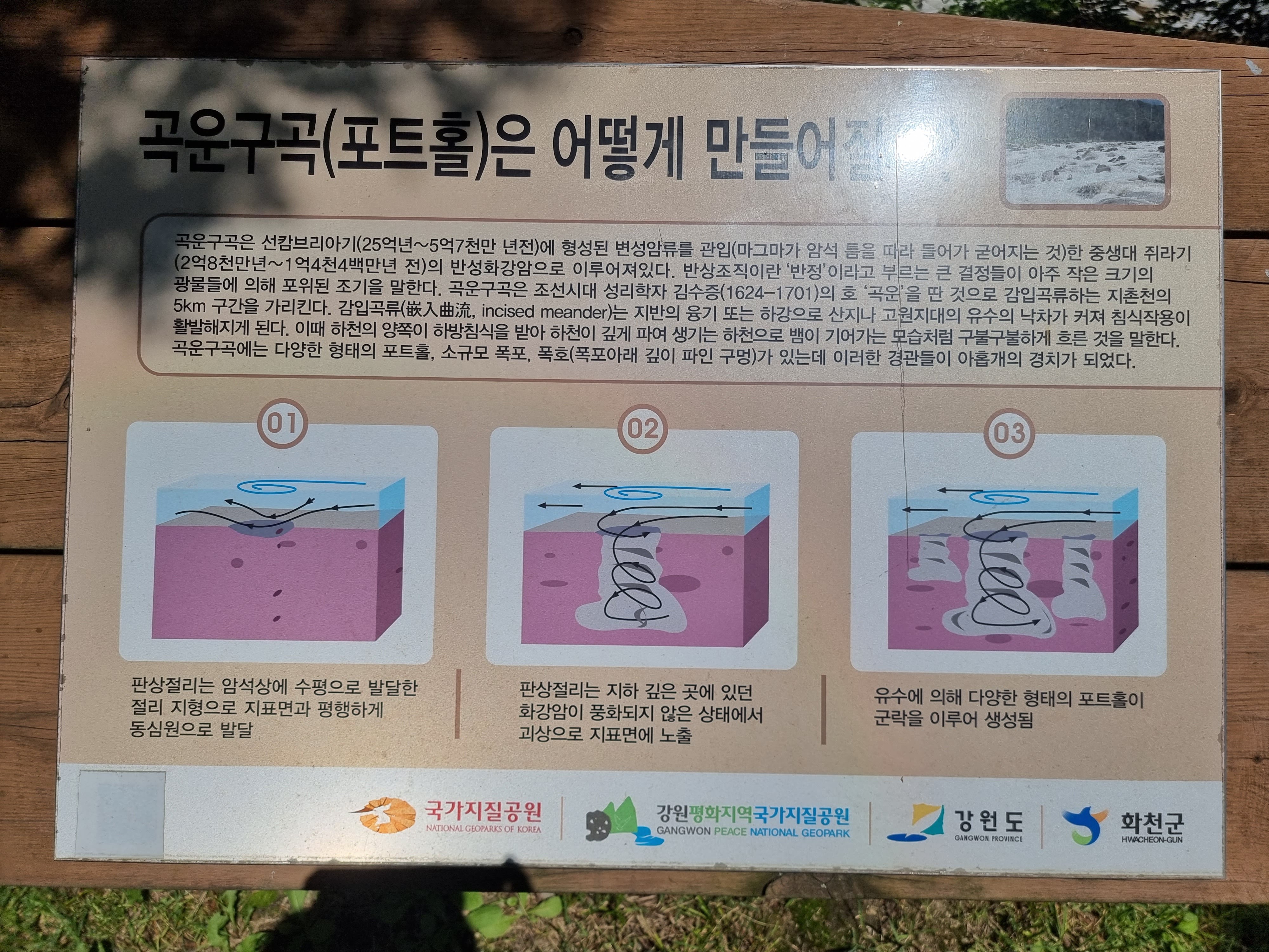 곡운구곡 포트홀이 생성된 안내판
