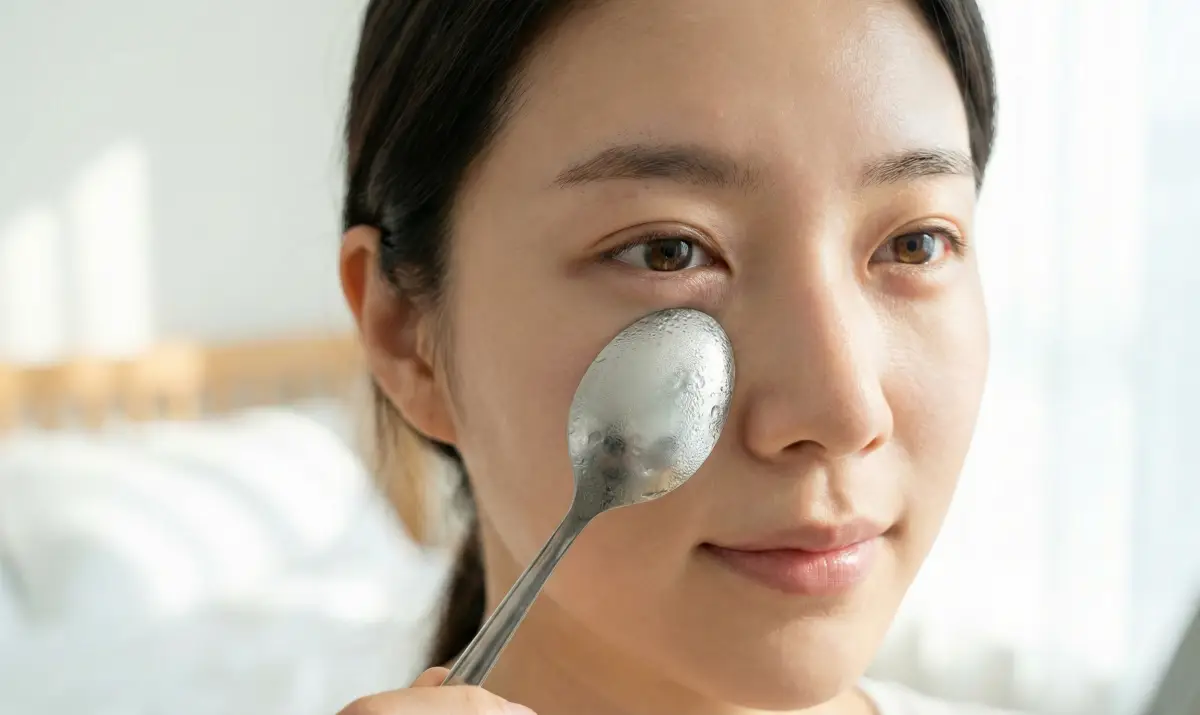 차가운 숟가락으로 눈가 붓기를 빼고 있는 여성의 모습