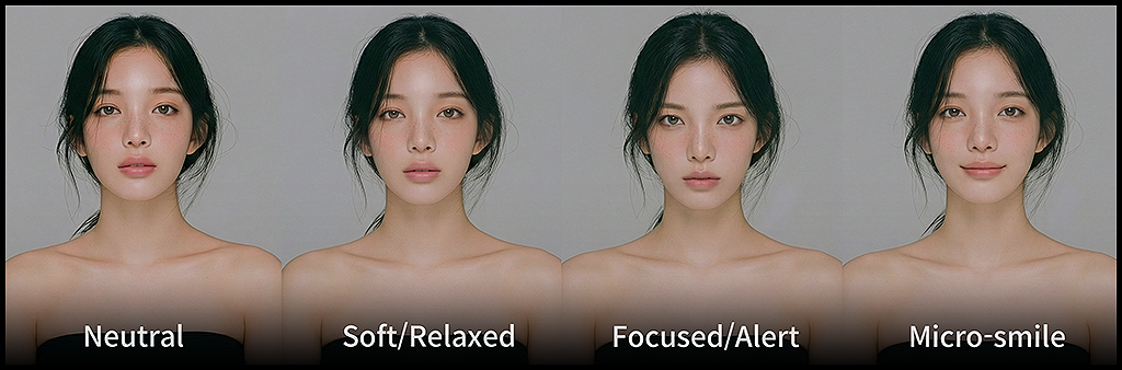 나노 바나나로 생성한 인물의 무표정, 이완된 표정, 차분한 집중, 미세한 미소를 비교한 정서 시트, 과장 없는 기본 감정 범위를 기록한 캐릭터 시트_Midjourney