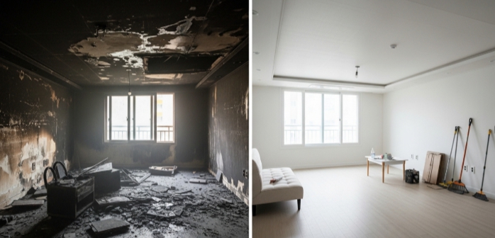 아파트 화재 복구 전후