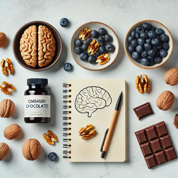 뇌 건강에 좋은 식품과 보충제를 깔끔하게 배열한 플랫레이 스튜디오컷