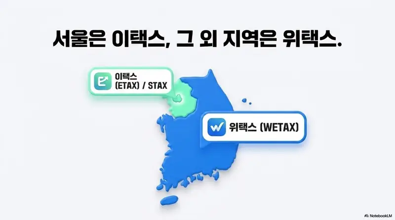 자동차세 연납: 서울은 이택스 그 외 지역은 위택스라는 문구가 포함된 자동차세 연납 신청 플랫폼 안내 이미지. 대한민국 지도 위에 서울 지역은 이택스와 에스택스 앱으로 그 외 지역은 위택스로 구분 표시하여 자동차세 연납 신청 시 어떤 플랫폼을 이용해야 하는지 시각적으로 안내한다