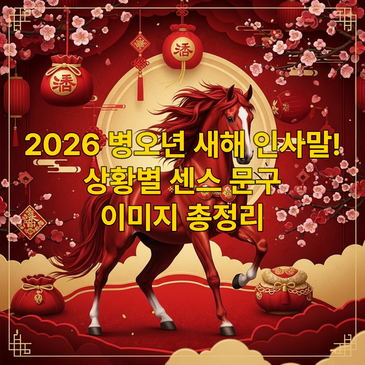 2026년 병오년 새해, 붉은색 말과 전통적인 새해 복주머니, 매화꽃이 어우러진 활기찬 분위기의 한국적인 새해 인사 이미지. 힘찬 한 해의 시작을 알리는 듯한 강렬한 색감과 희망적인 분위기가 돋보인다.