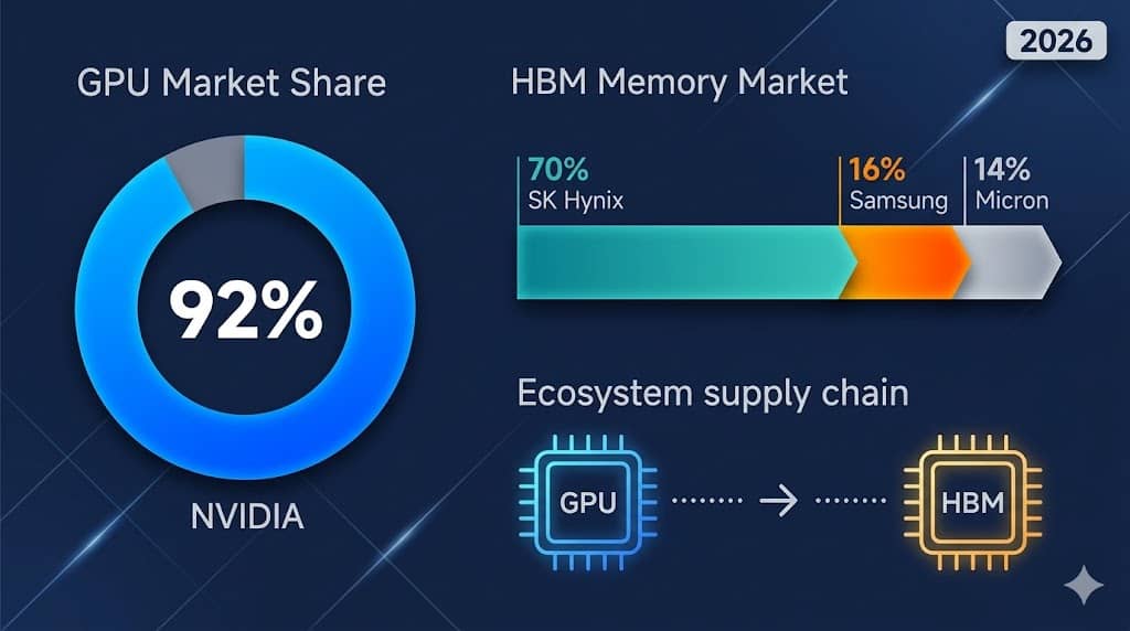 파일명: ai-semiconductor-market-share-nvidia-samsung-hbm-ecosystem-2026.jpg Alt 태그: AI 반도체 시장점유율 엔비디아 92% HBM 삼성 SK하이닉스 생태계 2026년 인포그래픽