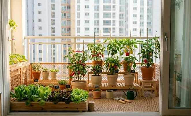 아파트 베란다에 상추, 방울토마토, 고추를 화분에 심어 키우는 텃밭 모습