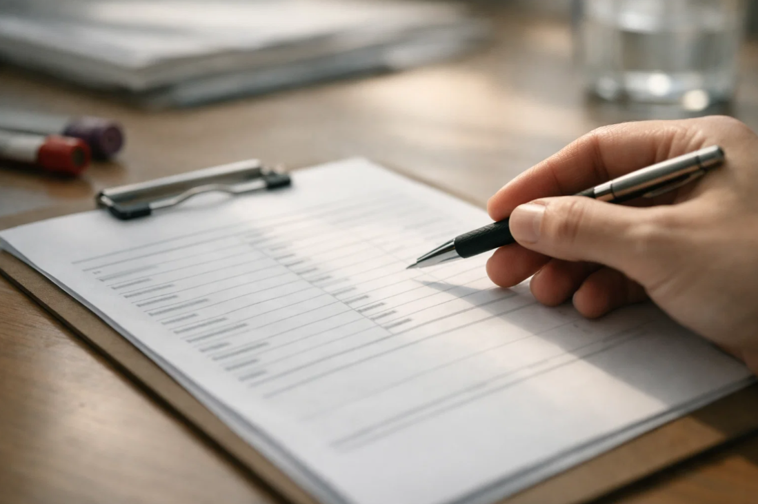 체크리스트에 항목을 확인하며 기록하는 손 클로즈업, 보험 가입 전 검사 수치와 조건을 점검하는 장면