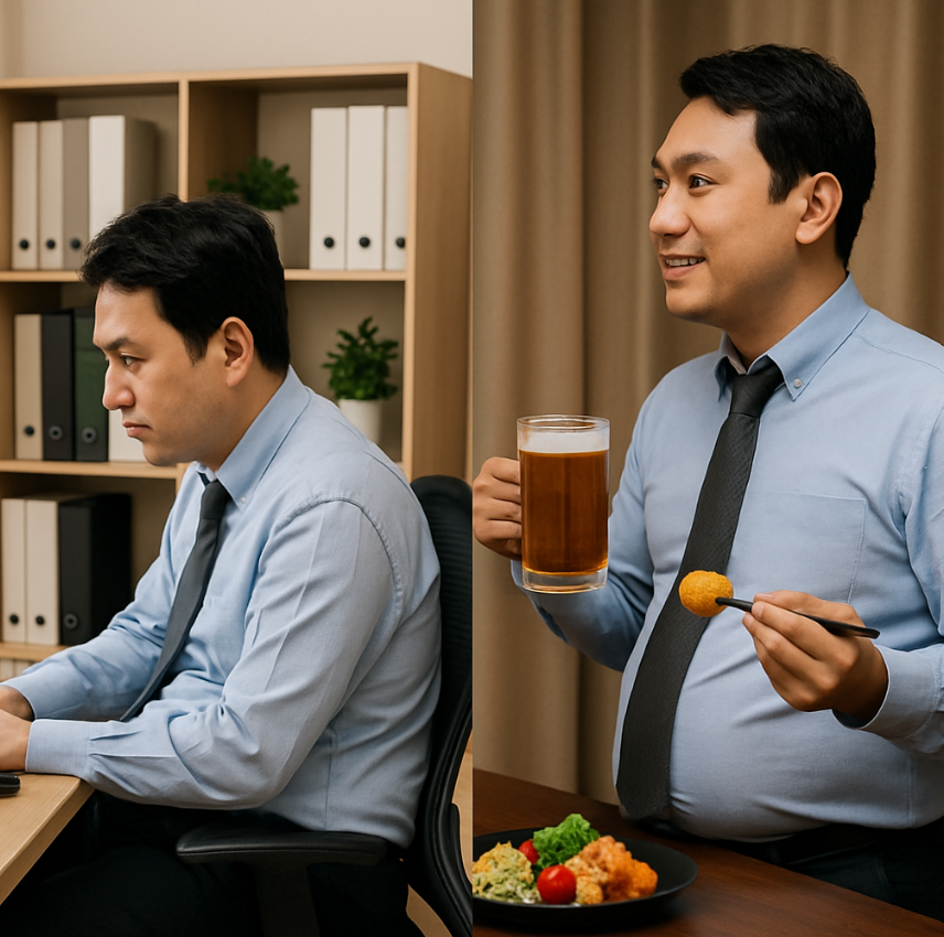 직장인의 자세, 생활패턴, 복부비만 연관성을 보여주는 이미지