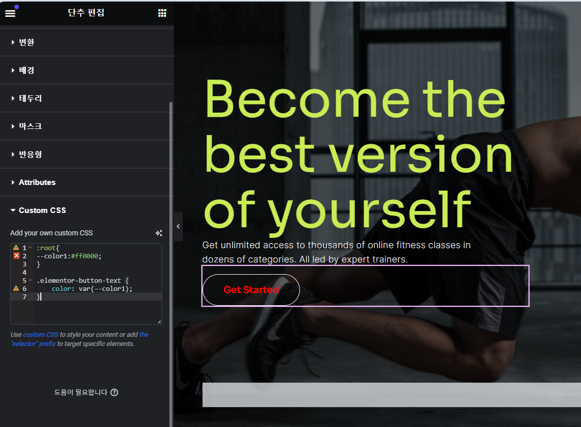 엘리멘터(Elementor)에 커스텀 CSS 추가 시 오류가 표시되는 경우
