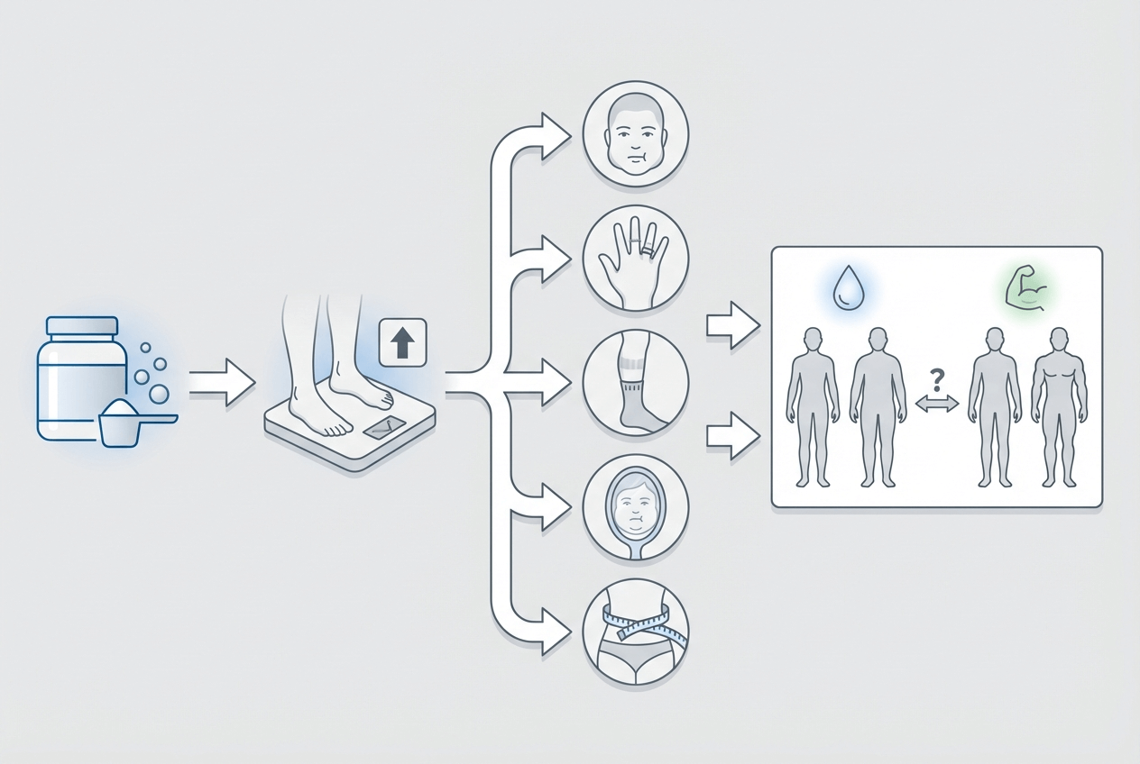 크레아틴 복용 초반 체중 증가가 수분저류인지 확인하는 글자 없는 도식 이미지.