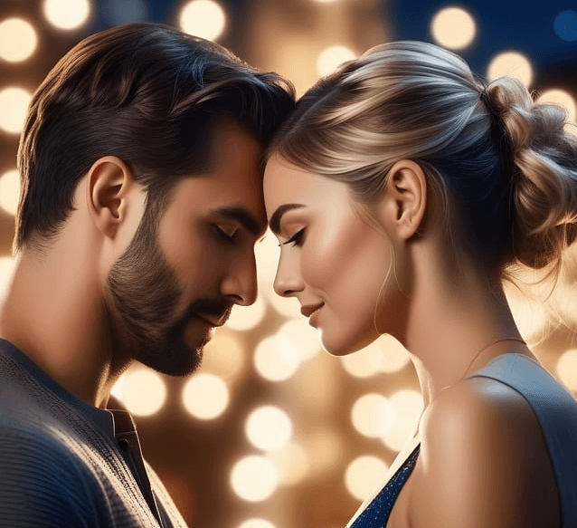 젊은 백인 남자와 백인 여자가 서로 이마를 맞댄채 두 눈을 감고 있다. 머리결은 부드럽고 윤기가 나며 피부가 매끄러운 선남선녀 커플이다.