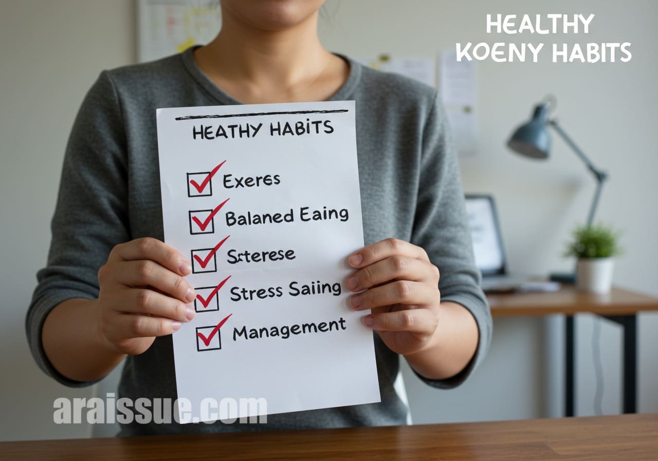 건강한 습관을 체크리스트로 표시한 사람, 지속 가능한 다이어트를 위한 실천을 상징합니다. 배경은 현대적인 서양식 책상으로, 체계적인 건강 관리 방식을 강조합니다.