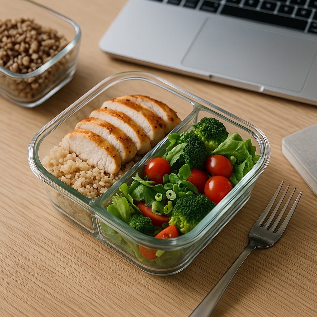 유리 용기에 닭가슴살·퀴노아·샐러드가 담긴 다이어터의 점심 도시락