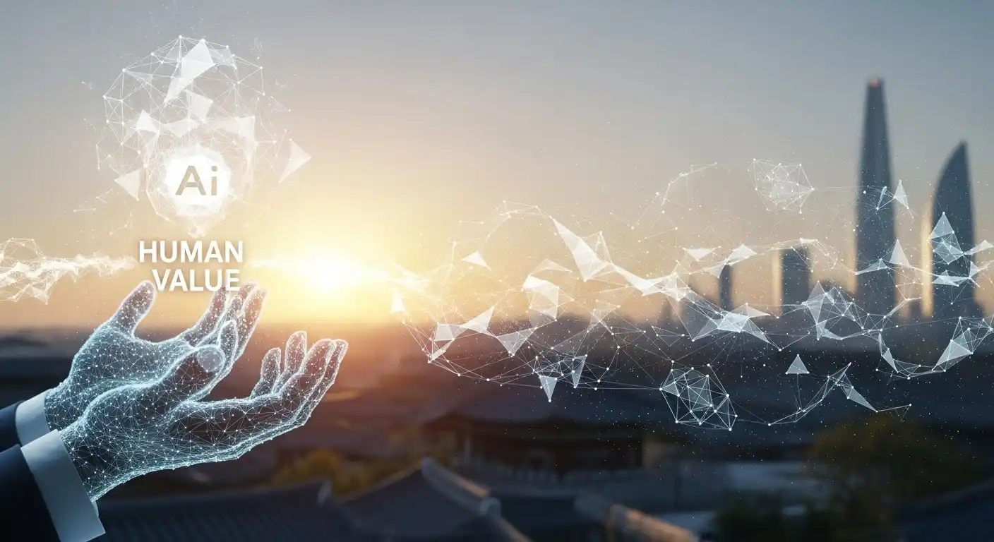 <img src="ai_reconnecting_human_values_and_creating_work.webp" alt="AI를 통해 인간 고유의 가치를 되찾고 업을 창조하는 장면을 표현한 이미지 입니다">