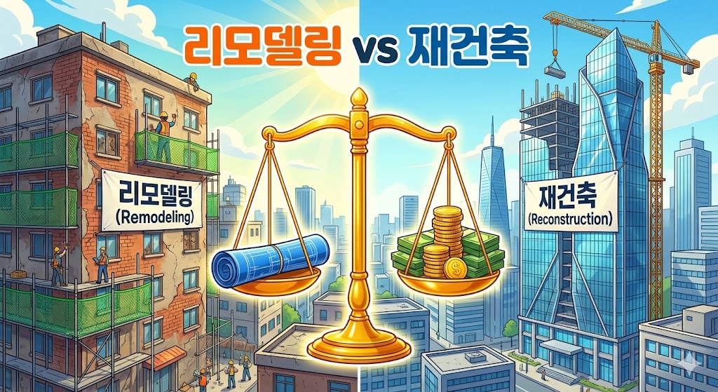 해운대 그린시티 아파트 리모델링과 재건축 비교 일러스트, 사업성 분석 저울