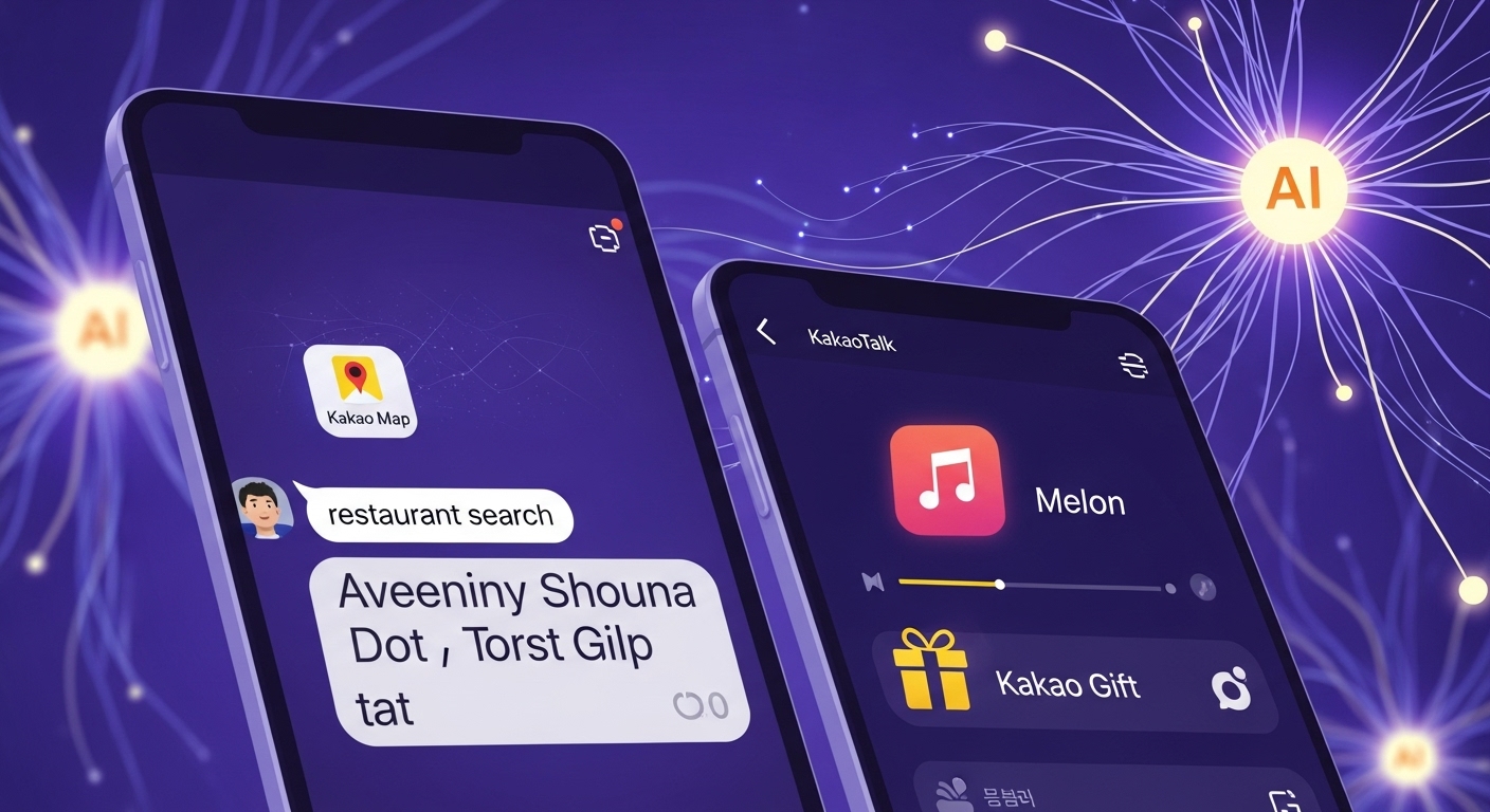 카카오톡 챗GPT 신기능이 카카오맵, 멜론, 카카오 선물하기 등 다양한 카카오 서비스와 연동되어 일상에 편리함을 제공하는 모습을 나타내는 미래지향적 일러스트.