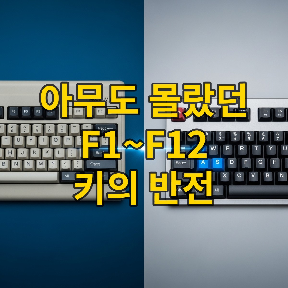 오래된 키보드와 현대적인 키보드가 나란히 놓여 F1부터 F12까지 기능키의 진화를 보여주는 이미지.