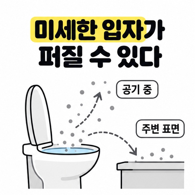 열린 변기에서 발생한 작은 입자가 공기 중과 주변 표면으로 향하는 두 갈래 화살표 도식