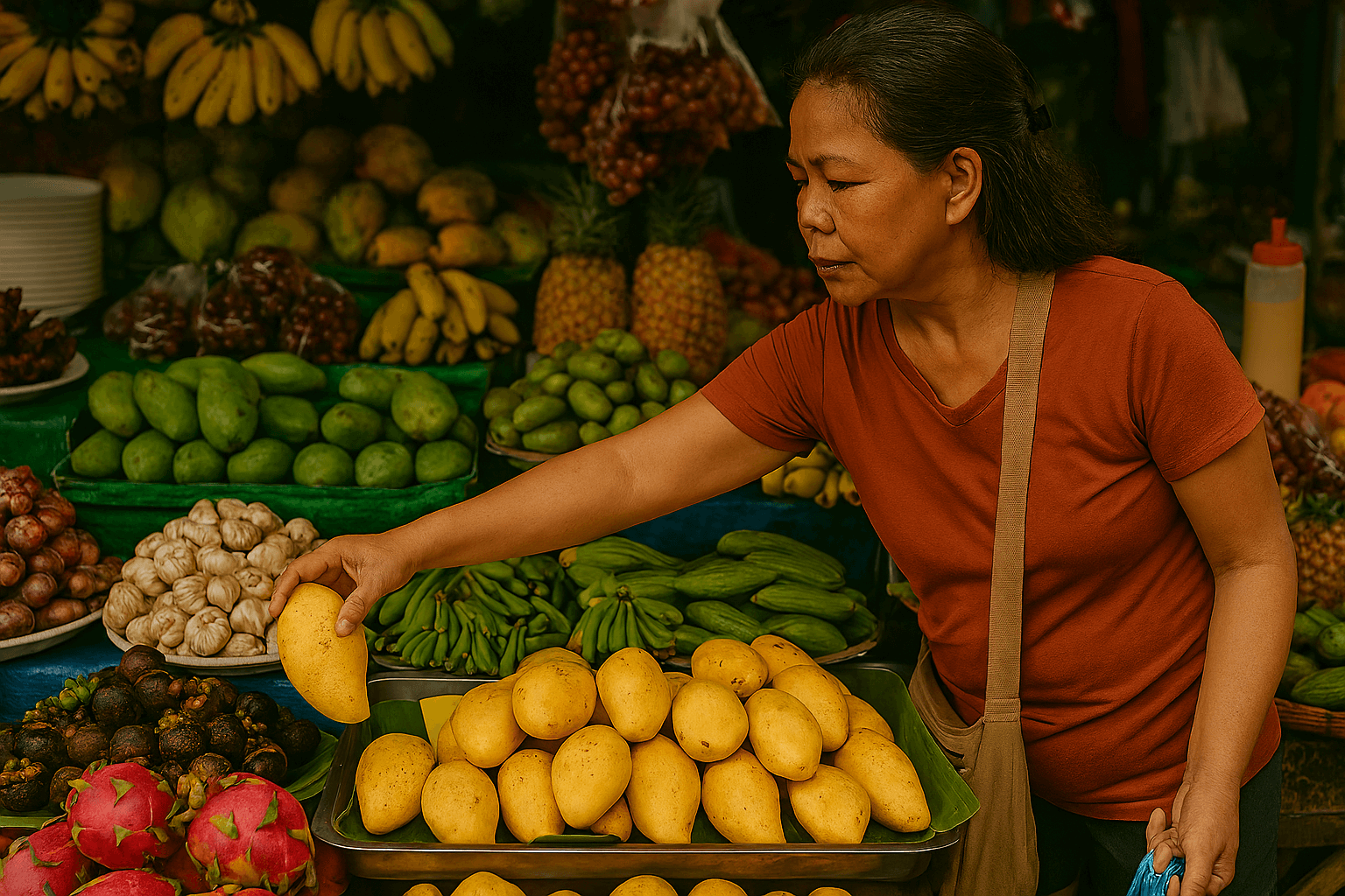 필리핀 시장에서 현지인이 망고, 파인애플 등 신선하고 다채로운 열대 과일을 고르는 모습. 필리핀여행의 신선한 맛이다