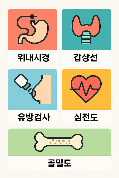 20대 건강검진에서 필요에 따라 진행하는 위내시경, 갑상선 검사, 유방검사, 심전도, 골밀도 검사를 설명한 인포그래픽