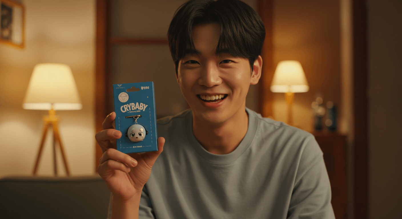 남성이 크라이베이비 키링을 선물 박스에 담아 건네는 모습 1