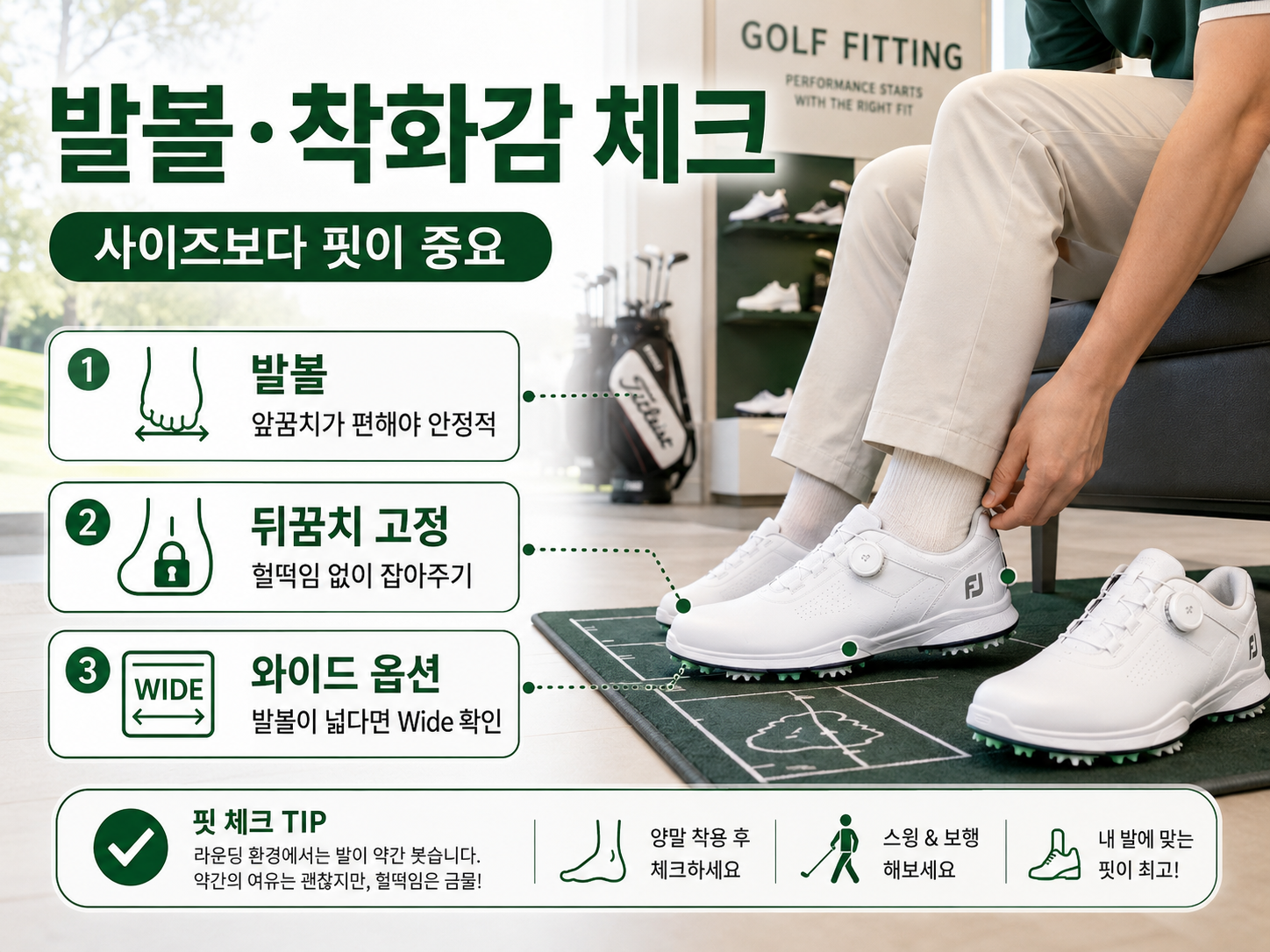 골프화 발볼과 착화감 뒤꿈치 고정 및 와이드 옵션 확인