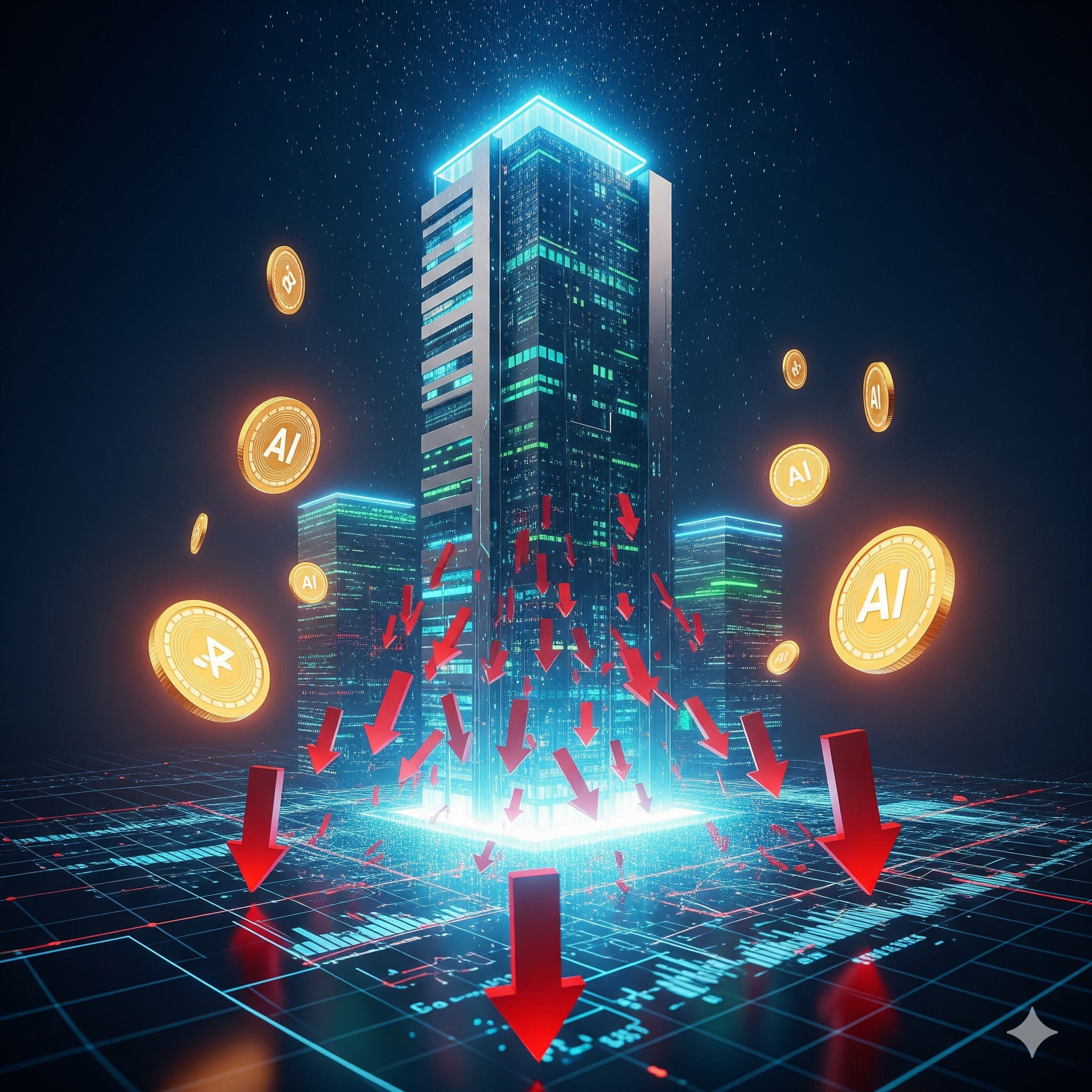 하락하는 증시(붉은 화살표) 속에서 견고하게 서 있는 미래형 데이터센터와 황금빛 AI 코인들을 통해, 변동성 장세의 피난처로서 데이터센터 리츠의 안정성을 시각화한 이미지