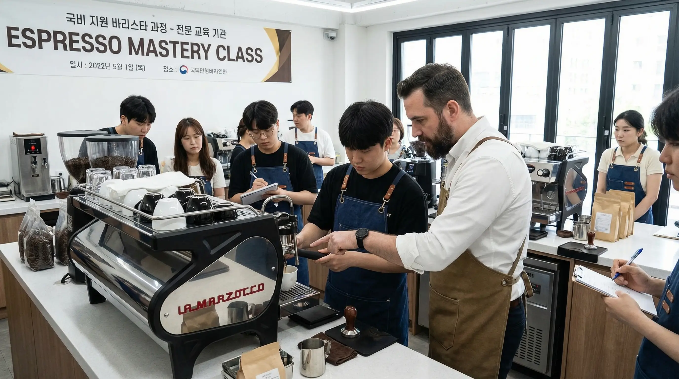 전문 강사에게 에스프레소 추출 방법을 배우고 있는 국비 지원 바리스타 학원 수강생의 모습