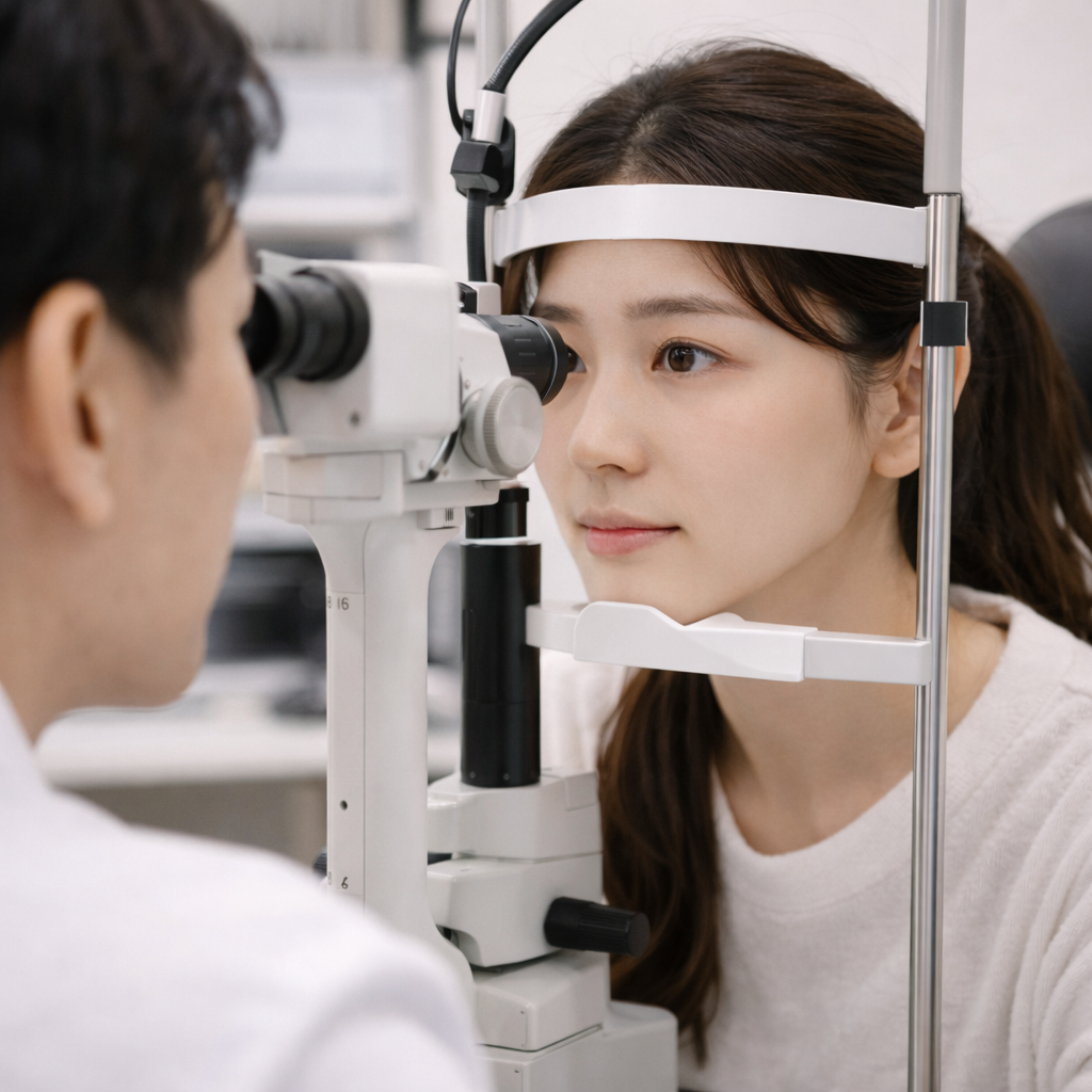 결막염 증상으로 안과에서 검진을 받는 모습