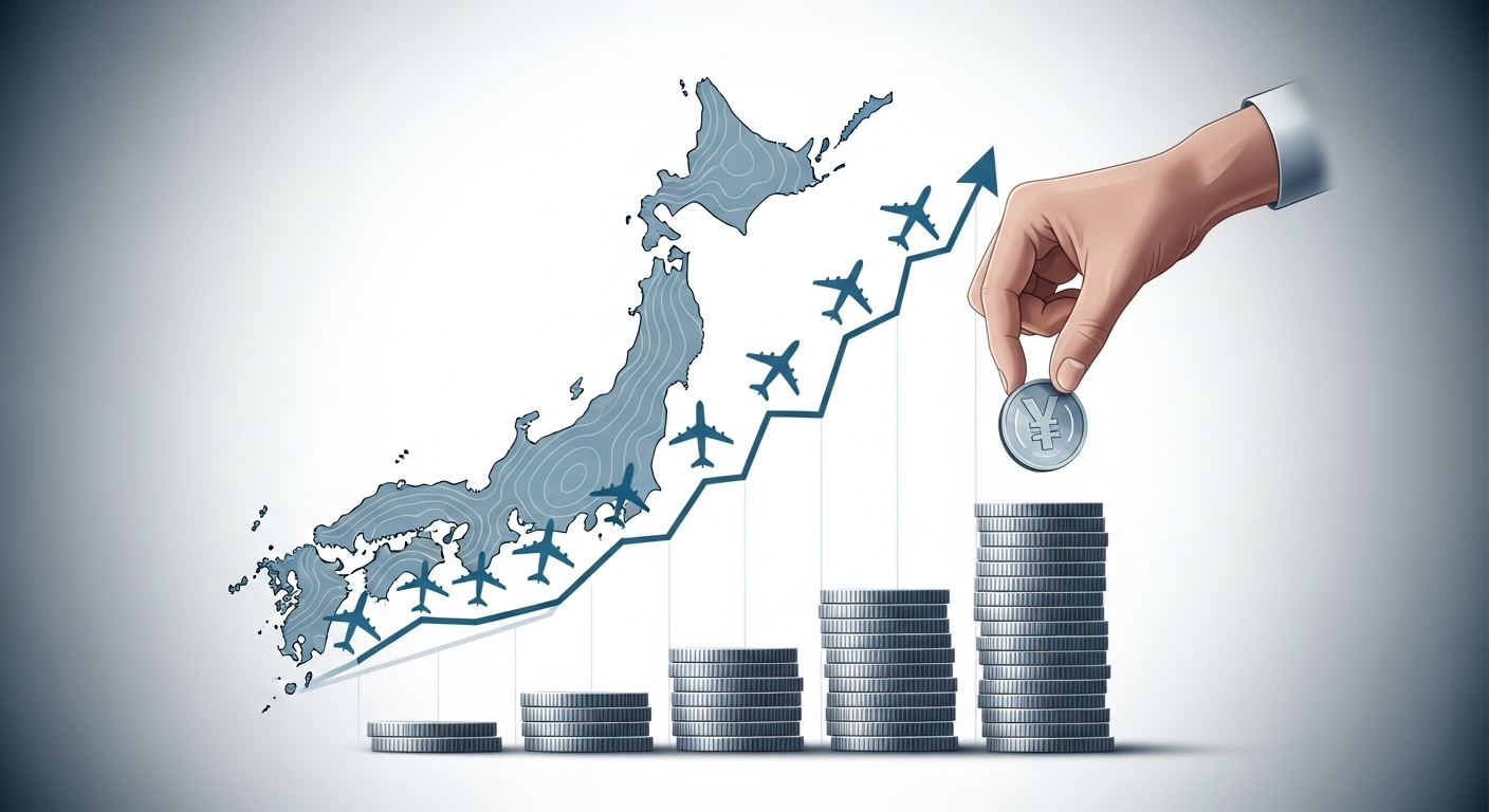 일본 여행 경비가 증가하는 모습을 보여주는 손에 든 엔화 동전과 그래프 이미지.