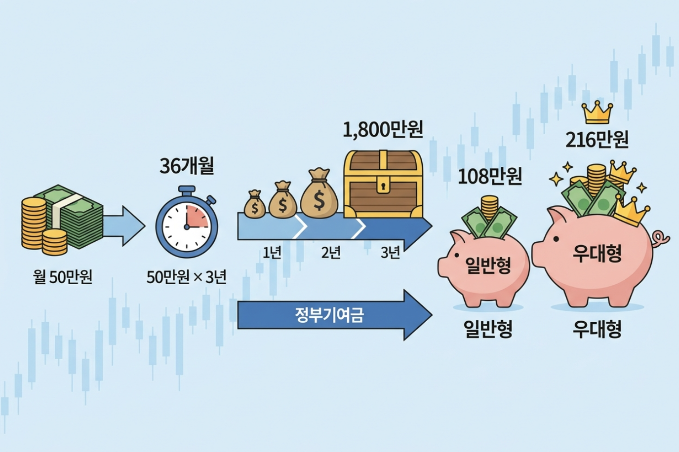 청년미래적금 월 50만원 3년 납입 시 원금과 정부기여금을 비교한 이미지