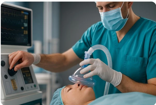 수술실에서 의료진이 마취 장비를 점검하는 모습