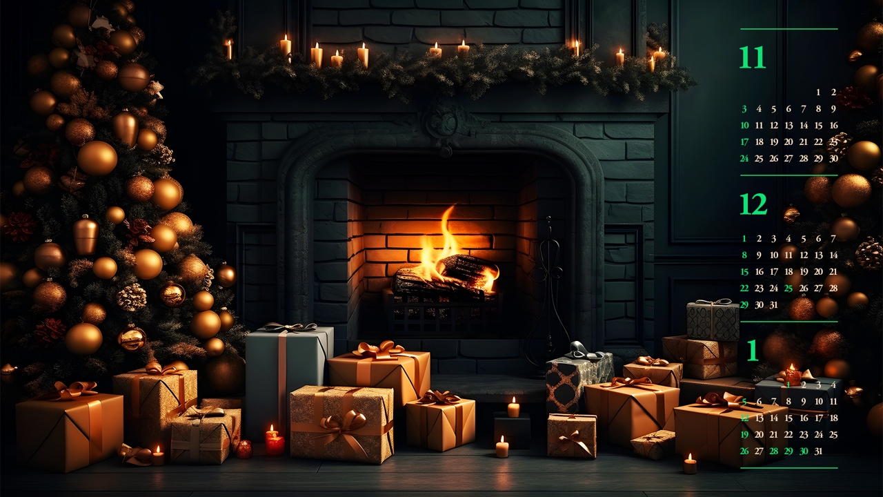11 벽난로 앞의 선물상자들 B - 2024년12월 노트북배경화면