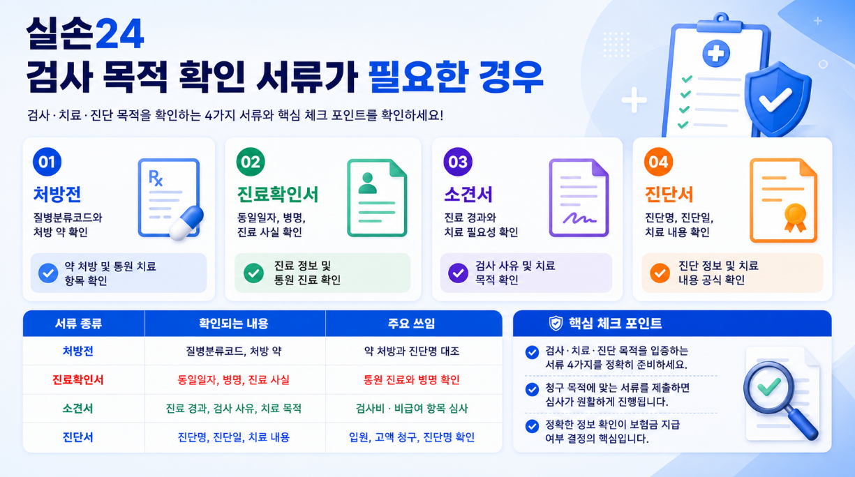실손24 청구에서 검사 목적 확인 자료가 필요한 경우와 소견서, 진료기록 사본, 검사결과지의 확인 항목을 정리한 인포그래픽