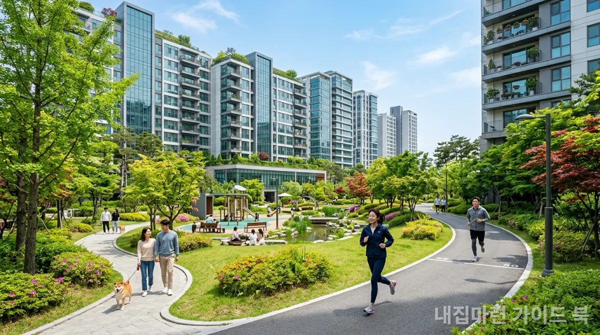 녹지 공간이 풍부한 현대 한국 아파트 단지 전경