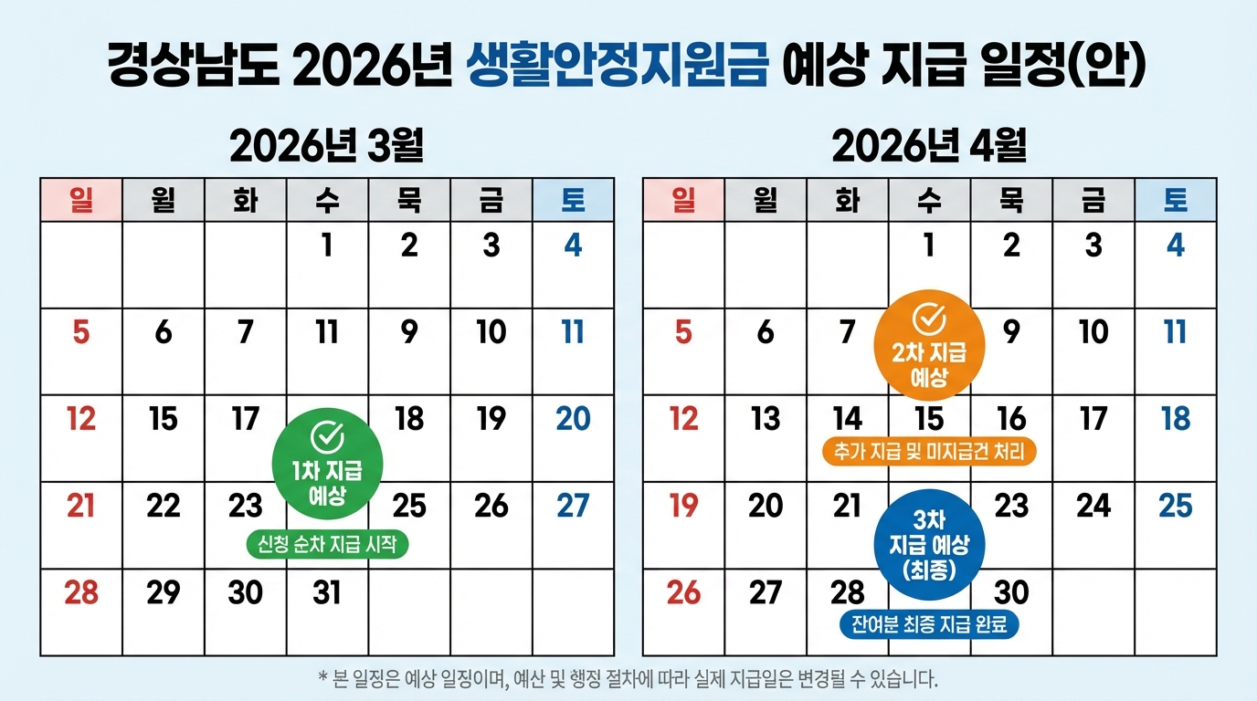 2026년 3월 및 4월 경남 생활지원금 차수별 예상 지급일 달력 표기