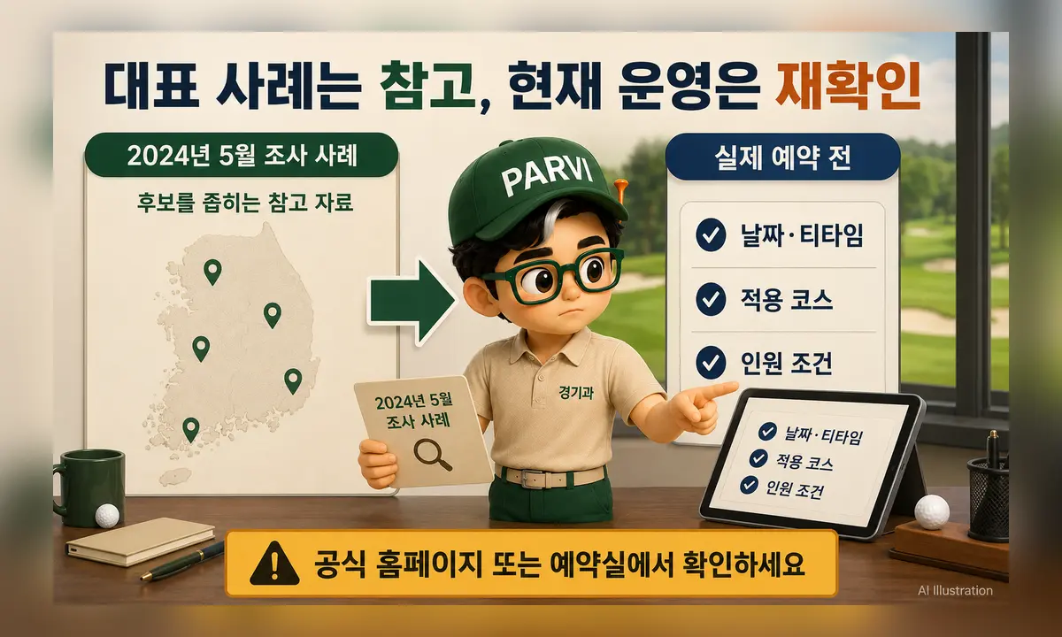 2024년 노캐디 골프장 조사 사례와 현재 예약 조건 재확인을 안내하는 PARVI