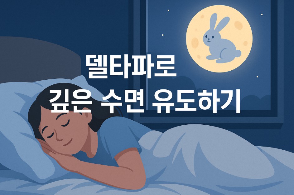 젊은 여성이 밤중에 침대 위에서 평온하게 잠들어 있으며, 창문 밖에는 커다란 보름달이 떠 있고 그 안에는 귀여운 토끼가 앉아 있다. 방 안은 어두운 밤 분위기 속에서도 따뜻하고 안정적인 조명으로 표현되었으며, 이미지 중앙에는 “델타파로 깊은 수면 유도하기”라는 문구가 크게 삽입되어 있다. 전체적인 배경은 꿈결 같은 감성을 자아내며 수면과 뇌파의 연결성을 시각적으로 전달한다.