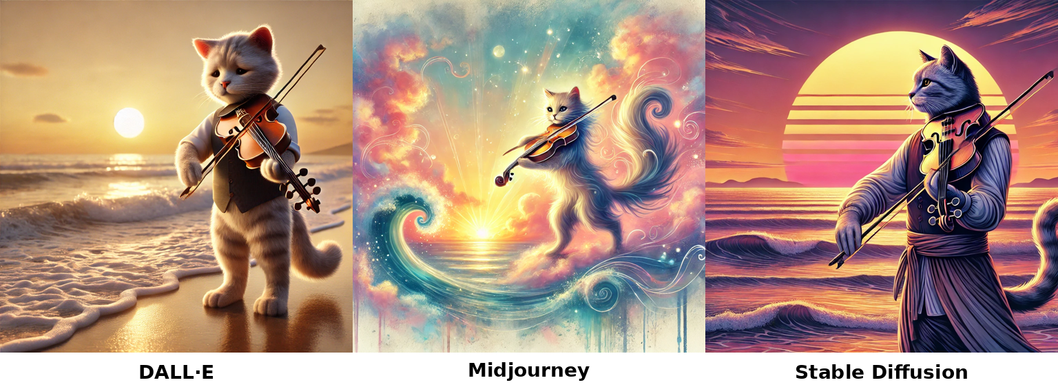 세 가지 이미지 생성 AI가 동일한 주제 &lsquo;해질녘 바닷가에서 바이올린을 켜는 고양이&rsquo;를 표현한 이미지를 나란히 비교한 이미지입니다.
왼쪽은 DALL&middot;E의 그림으로, 자연스럽고 사실적인 빛 표현과 깔끔한 구도가 특징입니다.
가운데는 Midjourney의 스타일로, 환상적이고 감성적인 색감과 흐르는 듯한 붓터치가 인상적입니다.
오른쪽은 Stable Diffusion의 이미지로, 구조적이고 명확한 구도에 세미 리얼리즘의 디테일이 돋보입니다.
각 이미지 하단에는 AI 이름이 각각 'DALL&middot;E', 'Midjourney', 'Stable Diffusion'으로 명확하게 표기되어 있습니다.