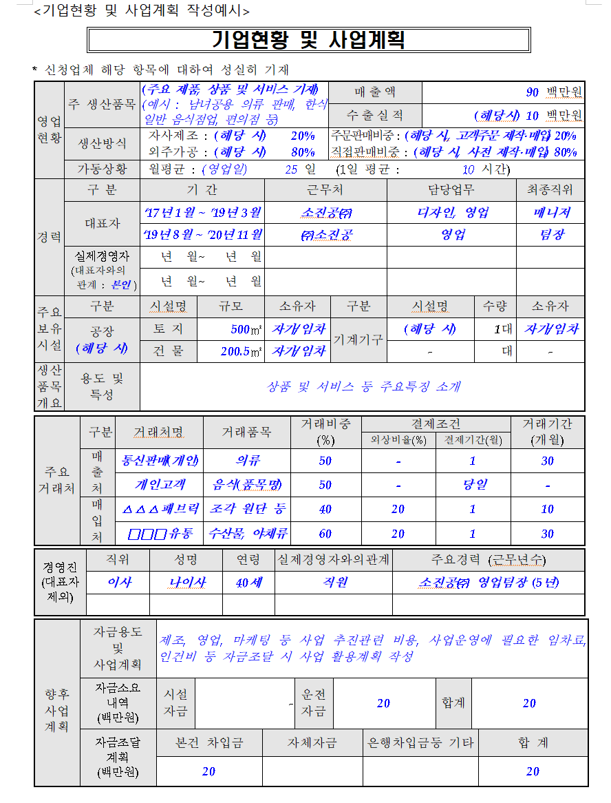 소상공인정책자금의 공지사항에 있는 사업계획서 예시입니다.
