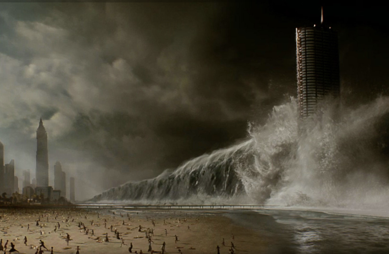 영화 지오스톰 속 거대 쓰나미가 건물을 덮치고 해변에 있는 사람들이 도망가는 모습