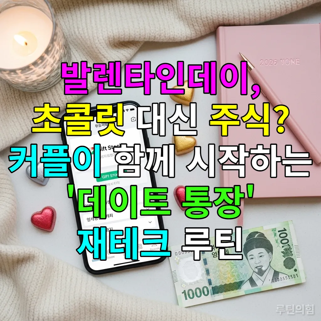 스마트폰으로 주식을 선물하는 모습과 주변에 놓인 초콜릿, 다이어리, 한국 지폐가 어우러진 2026년 발렌타인데이 재테크 컨셉 이미지