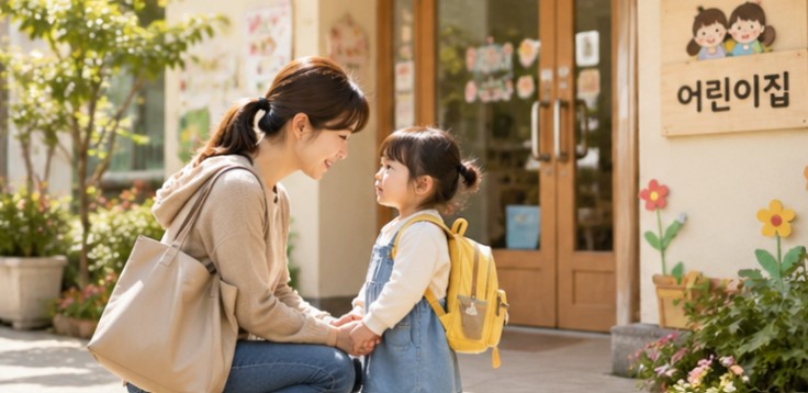 어린이집 등원 전 어린이집 앞에서 엄마와 아이가 두 손을 잡고 눈을 맞추며 인사하는 모습