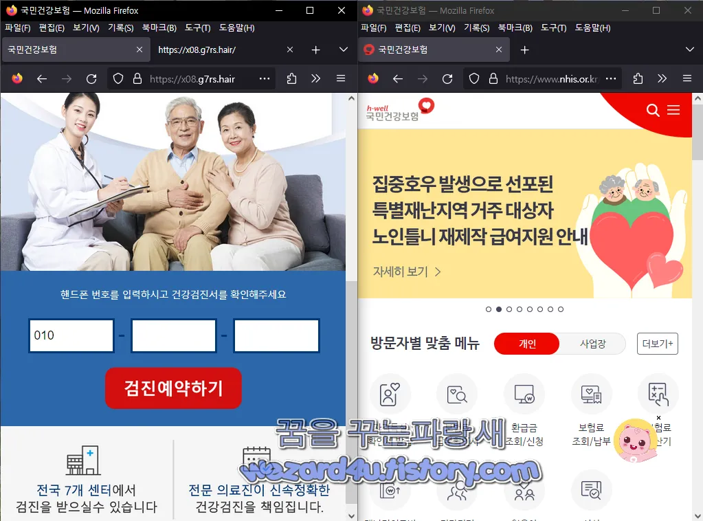 왼쪽 국민건강보험 피싱 사이트 오른쪽 진짜 국민건강보험 사이트