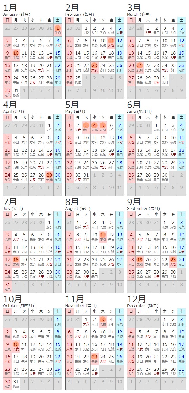 2022년 일본 달력 1월부터 12월까지