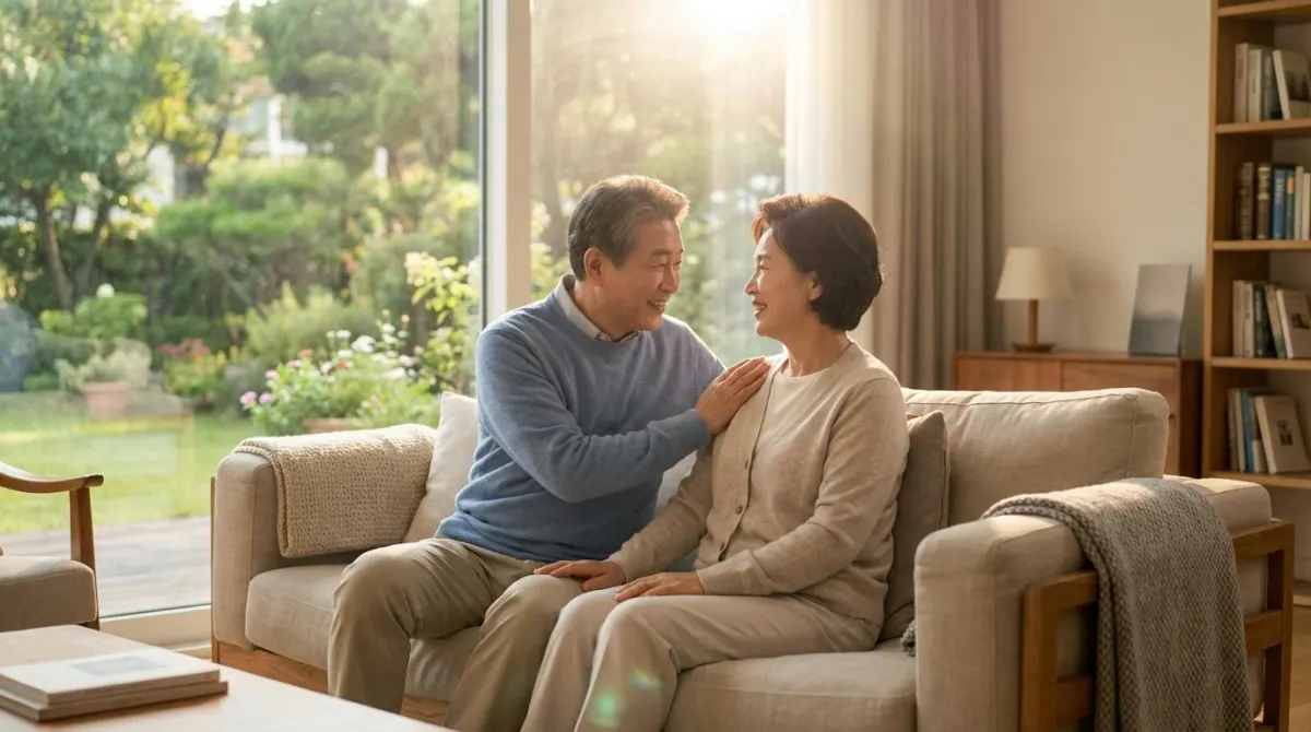 따뜻한 햇살이 들어오는 거실 소파에 앉아 세금 고민을 해결하고 안도하며 서로를 바라보며 미소 짓는 한국인 고령자 부부의 모습