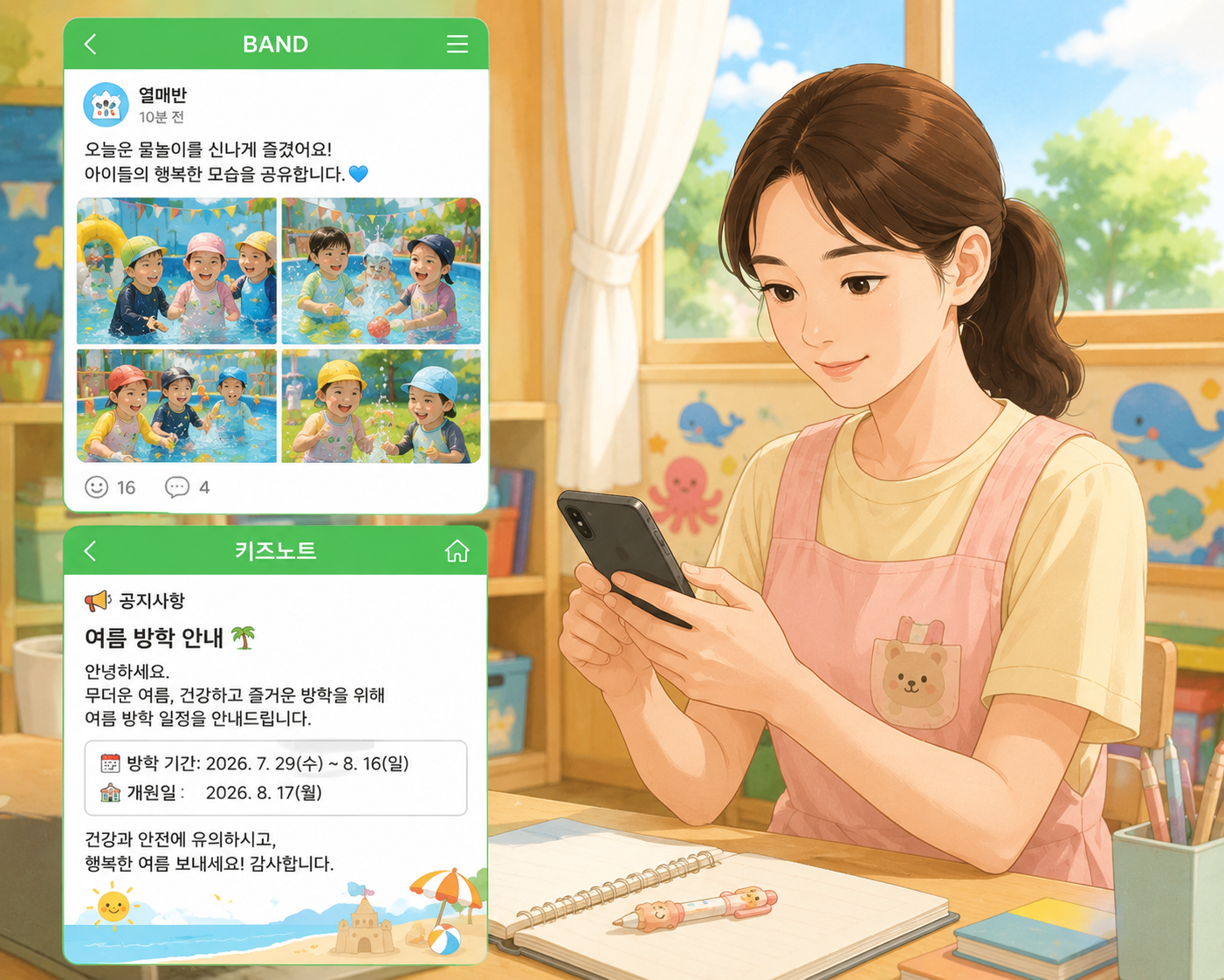 키즈노트나 밴드에 여름 일상 공유와 공지사항을 올리는 모습