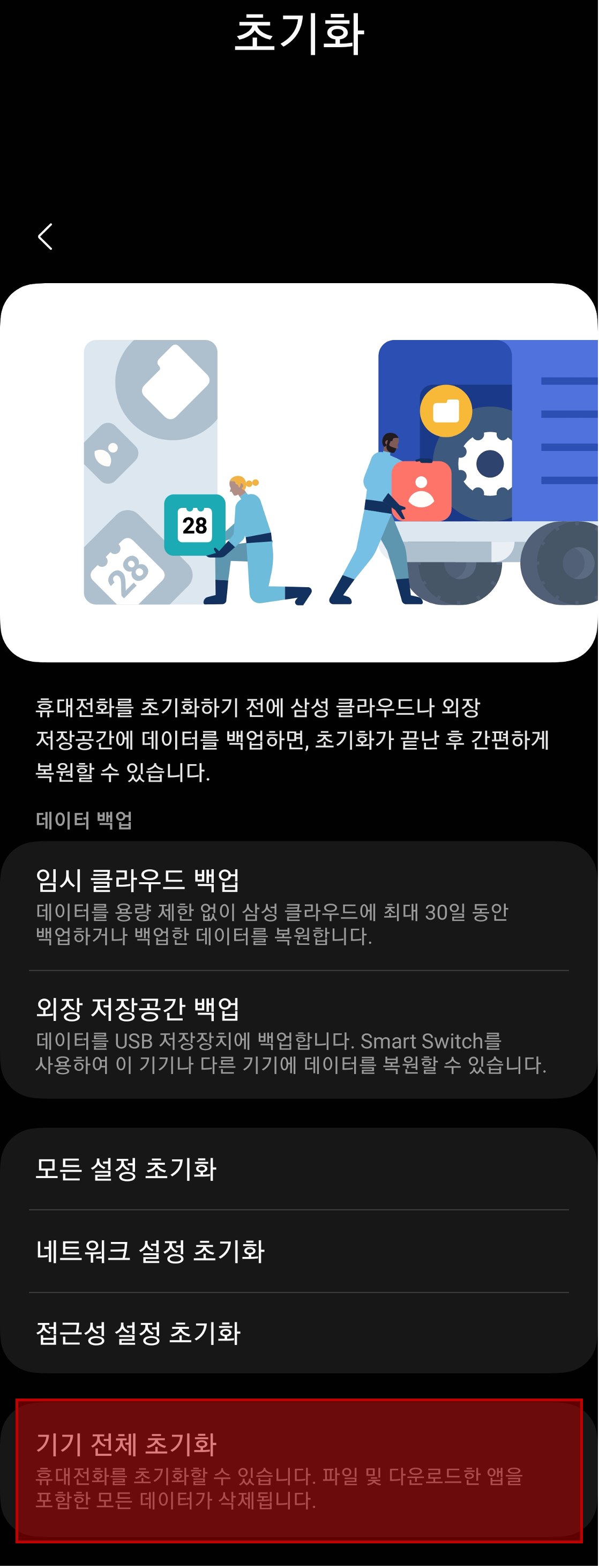모든 설정 초기화, 네트워크 설정 초기화, 접근성 설정 초기화, 기기 전체 초기화